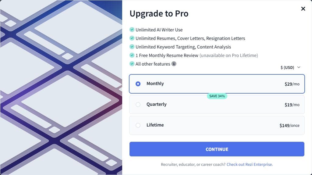 Rezi Upgrade to Pro modal blocking the AI Resume Agent from attaching a resume, with pricing at $29 per month, $19 per month quarterly, and $149 lifetime