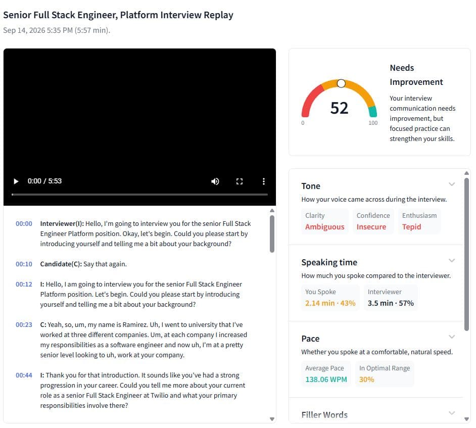 Rezi AI Interview replay scored 52 out of 100 Needs Improvement, with Tone broken into Clarity Ambiguous, Confidence Insecure, and Enthusiasm Tepid alongside speaking time and pace metrics