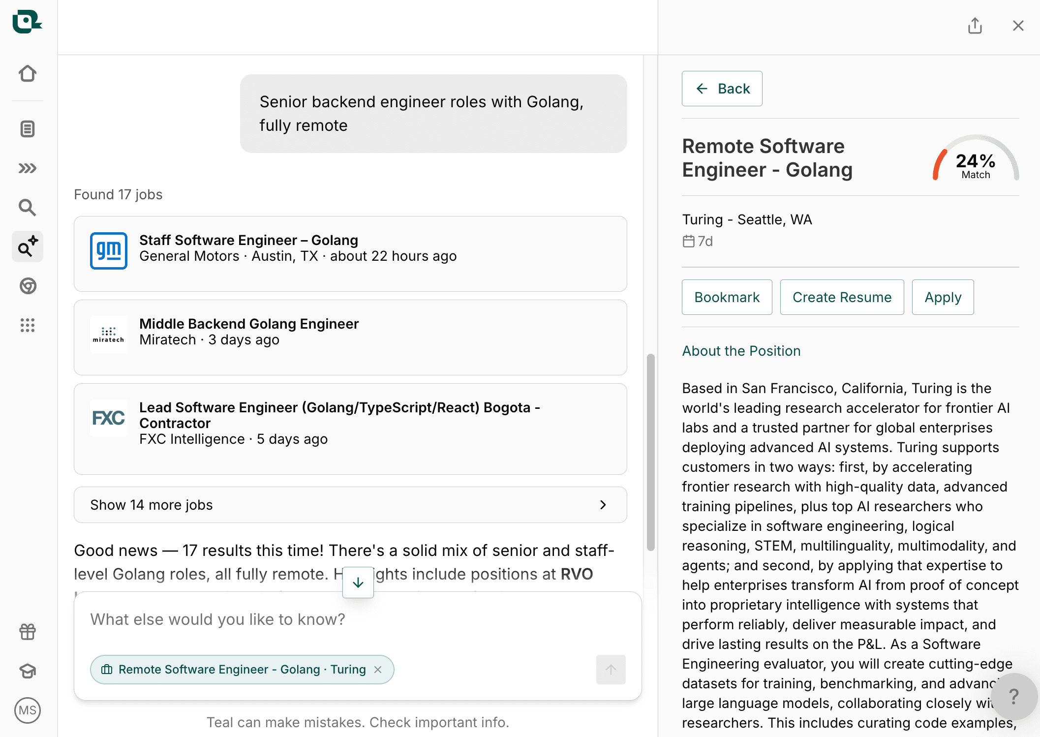 Teal AI Job Search results panel for a Golang backend search, showing a role at Turing whose description reveals it is actually an AI evaluator contractor gig, not a backend engineering role, with no match scores visible in the results list