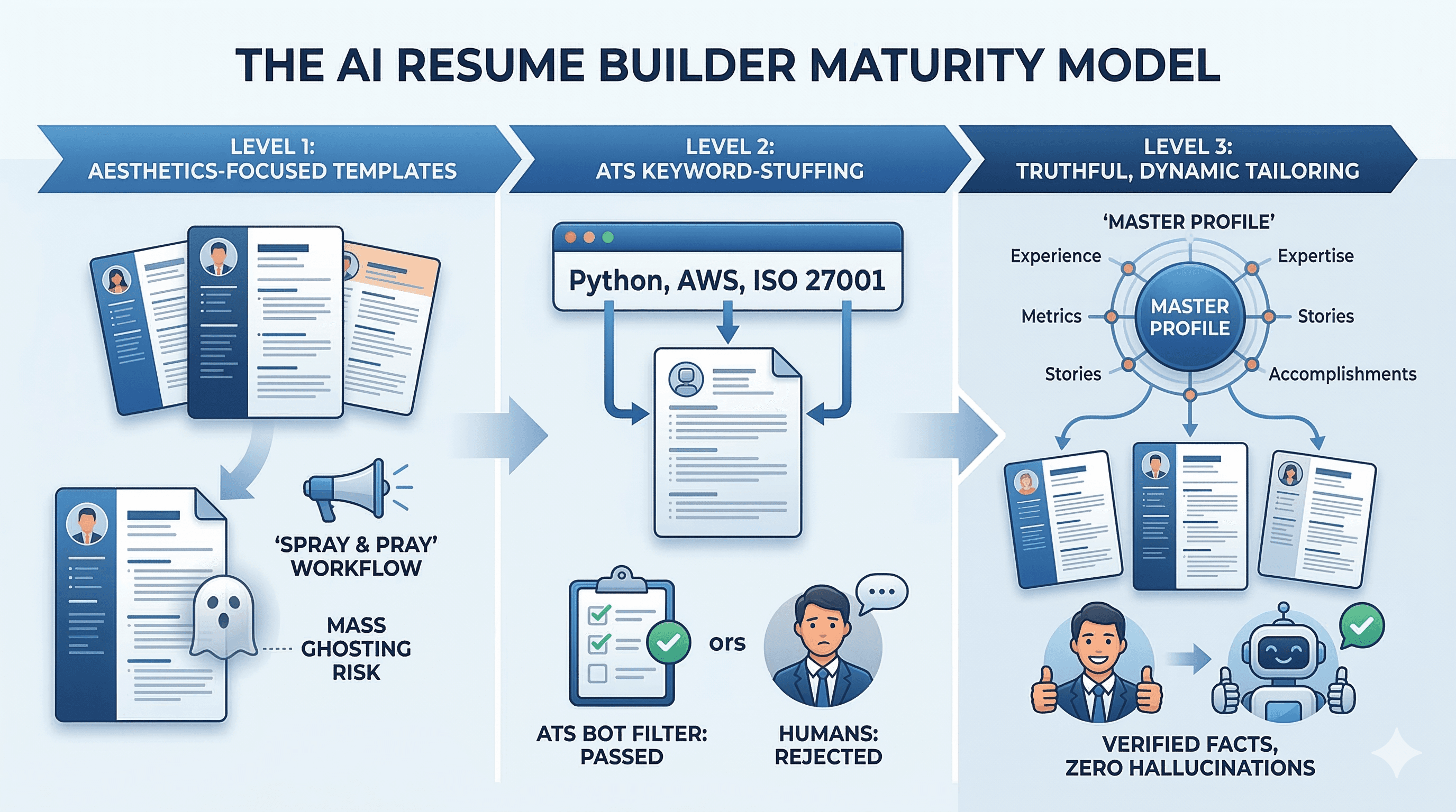 AI Resume Builder Maturity Model - Three levels from template builders to strategic relevance engines