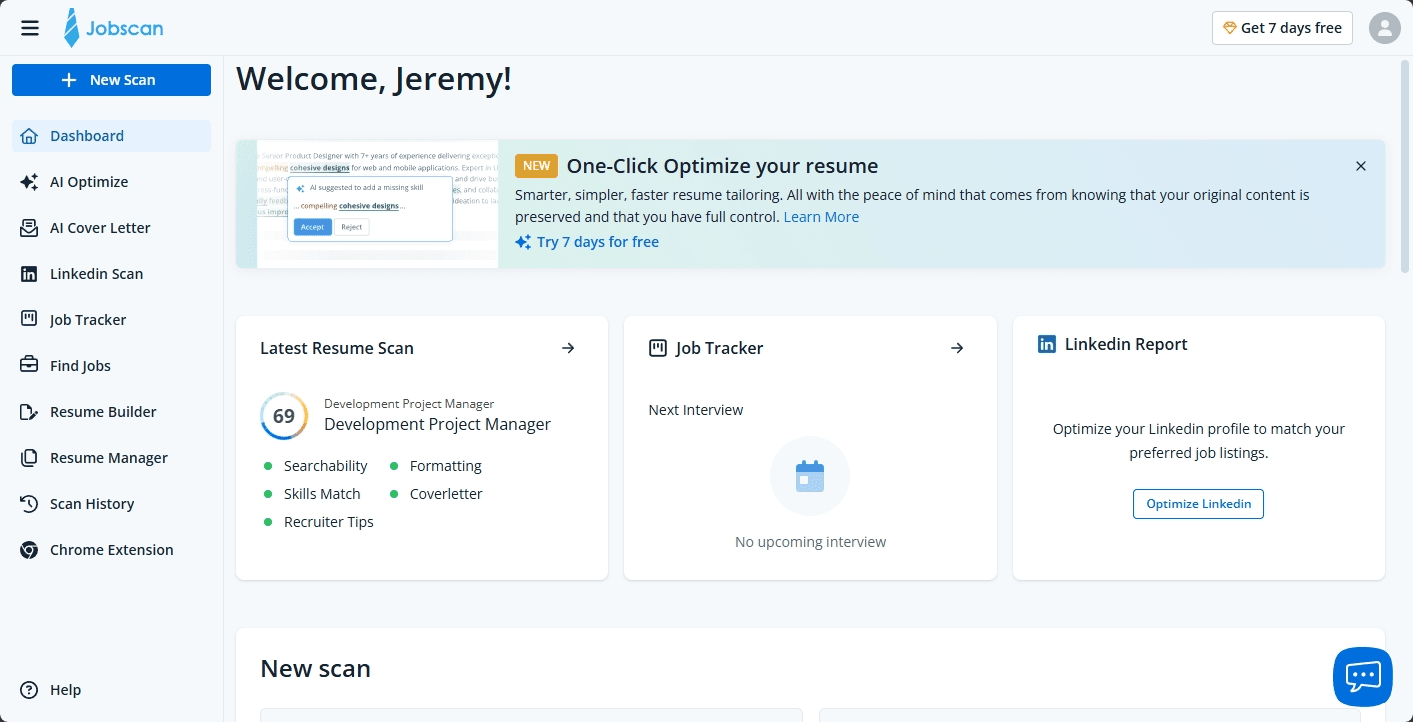 Jobscan dashboard showing the fragmented sidebar navigation with separate AI Optimize, AI Cover Letter, LinkedIn Scan, Job Tracker, and Resume Builder tabs