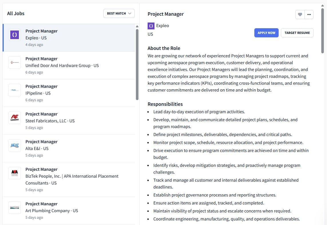 Rezi Job Search results for Project Manager showing an aerospace program management role listed alongside unrelated Project Manager postings at a door and hardware company, a steel fabricator, and a plumbing company