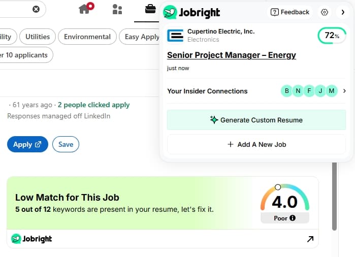 Jobright Chrome extension overlay on a LinkedIn job listing showing a match score that differs from the score displayed inside the Jobright platform