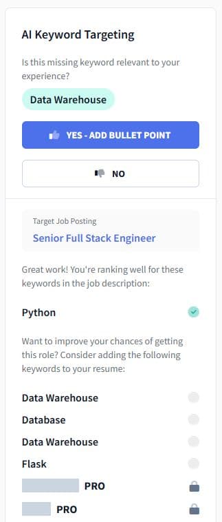 Rezi AI Keyword Targeting panel showing additional suggested keywords locked behind a PRO badge
