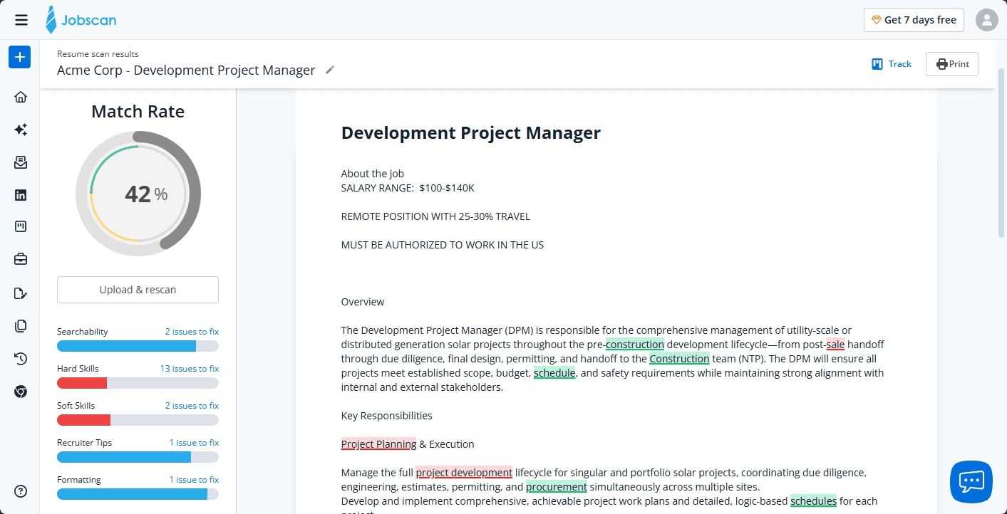 Jobscan scan results showing a 42% match rate for a Development Project Manager role, with keyword highlights for sale and schedule