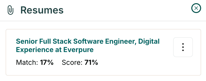 Teal Resumes panel showing Match: 17% and Score: 71% printed on the same line with no explanation of what either number measures