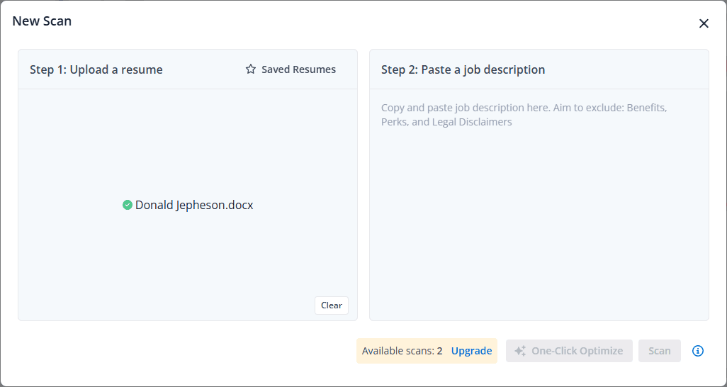 Jobscan New Scan dialog showing the two-step upload resume and paste job description workflow