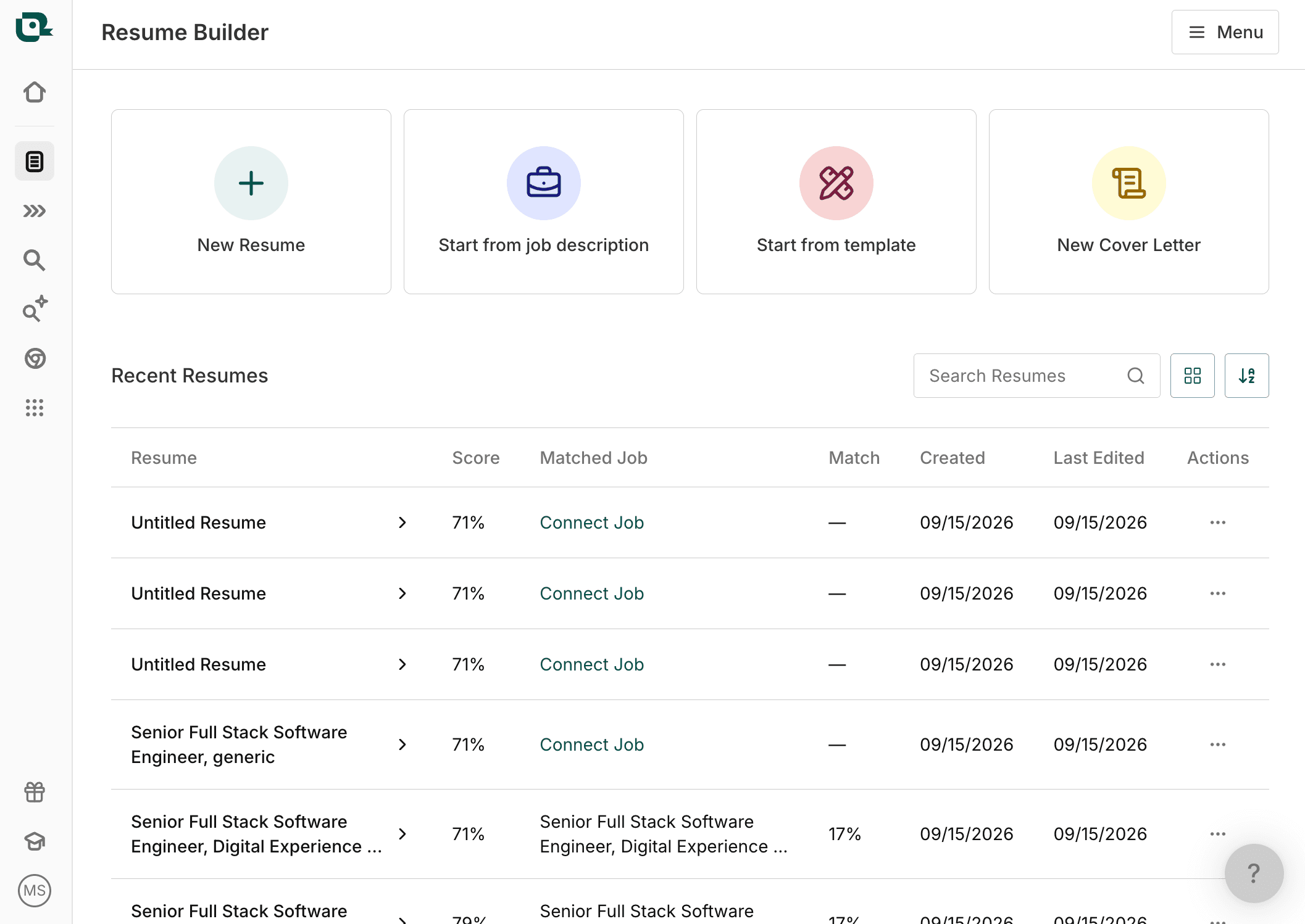 Teal Resume Builder list showing six resumes generated from testing a single job application, including three identically-named blank Untitled Resume entries and one deliberately-created generic resume, none of the unmatched ones connected to any job