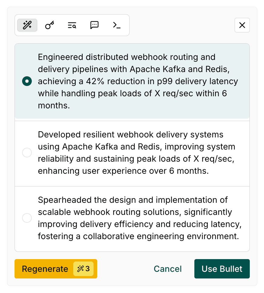 Teal AI bullet rewrite suggestions inventing timeframes not in the source resume, with a literal unfilled X req/sec placeholder where the real 45,000 req/sec figure should be