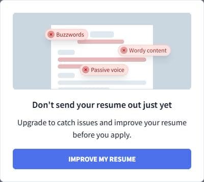 Rezi upsell modal reading Don't send your resume out just yet, prompting an upgrade to catch issues before applying