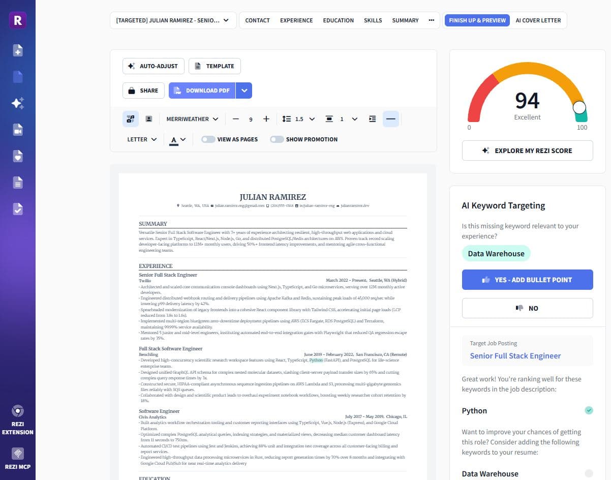 Rezi Score showing 94 Excellent alongside the AI Keyword Targeting panel and the resume text with the fabricated Rust bullet visible