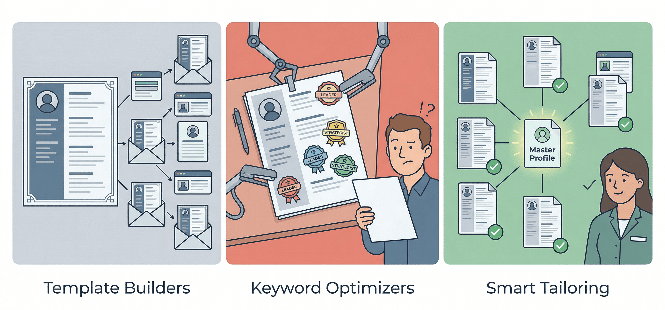 The 3 types of AI resume builders compared: template tools, keyword optimizers, and smart tailoring engines