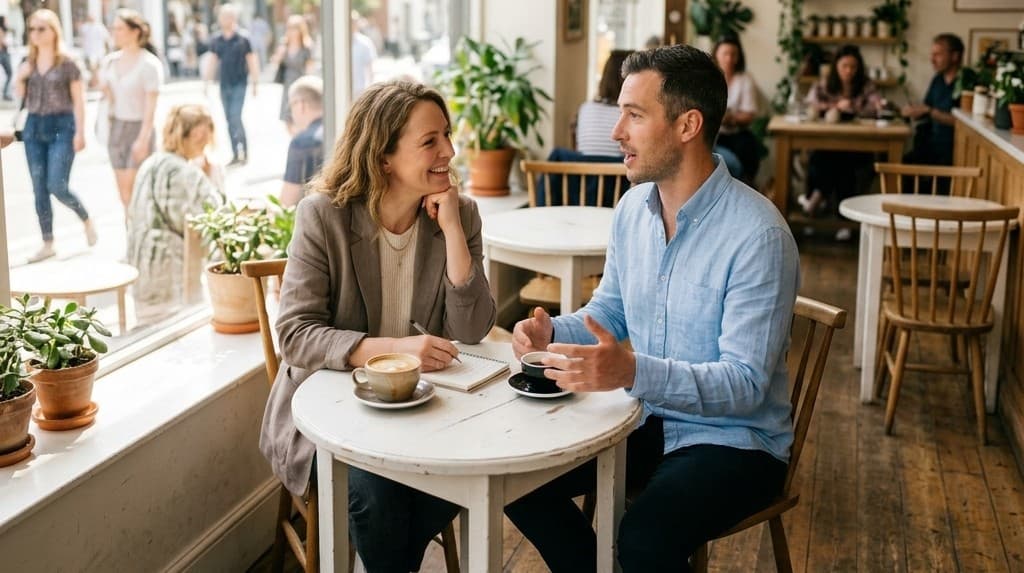 Career coaching session — warm, natural, engaged conversation over coffee