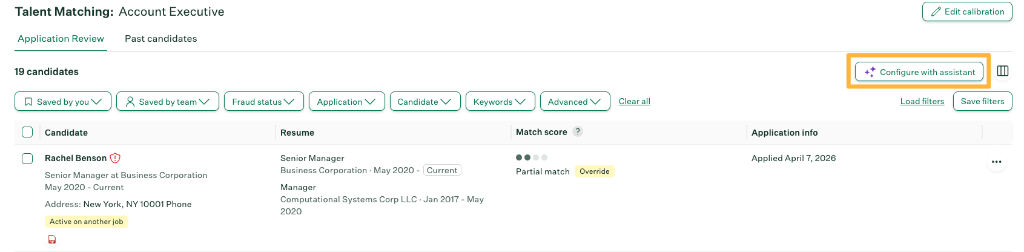 Greenhouse Talent Matching interface for an Account Executive requisition showing the Configure with assistant button, 4-dot Match score for Partial match, and manual Override control