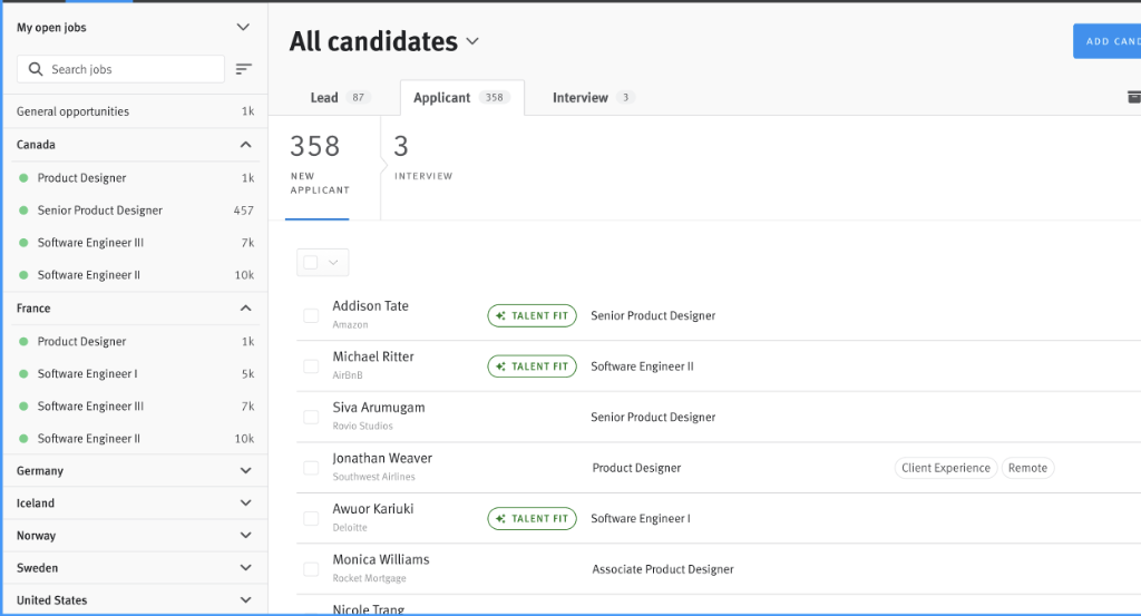 Lever recruiter dashboard showing candidate pipeline with green Talent Fit pill badges next to qualified applicants in the New Applicant queue