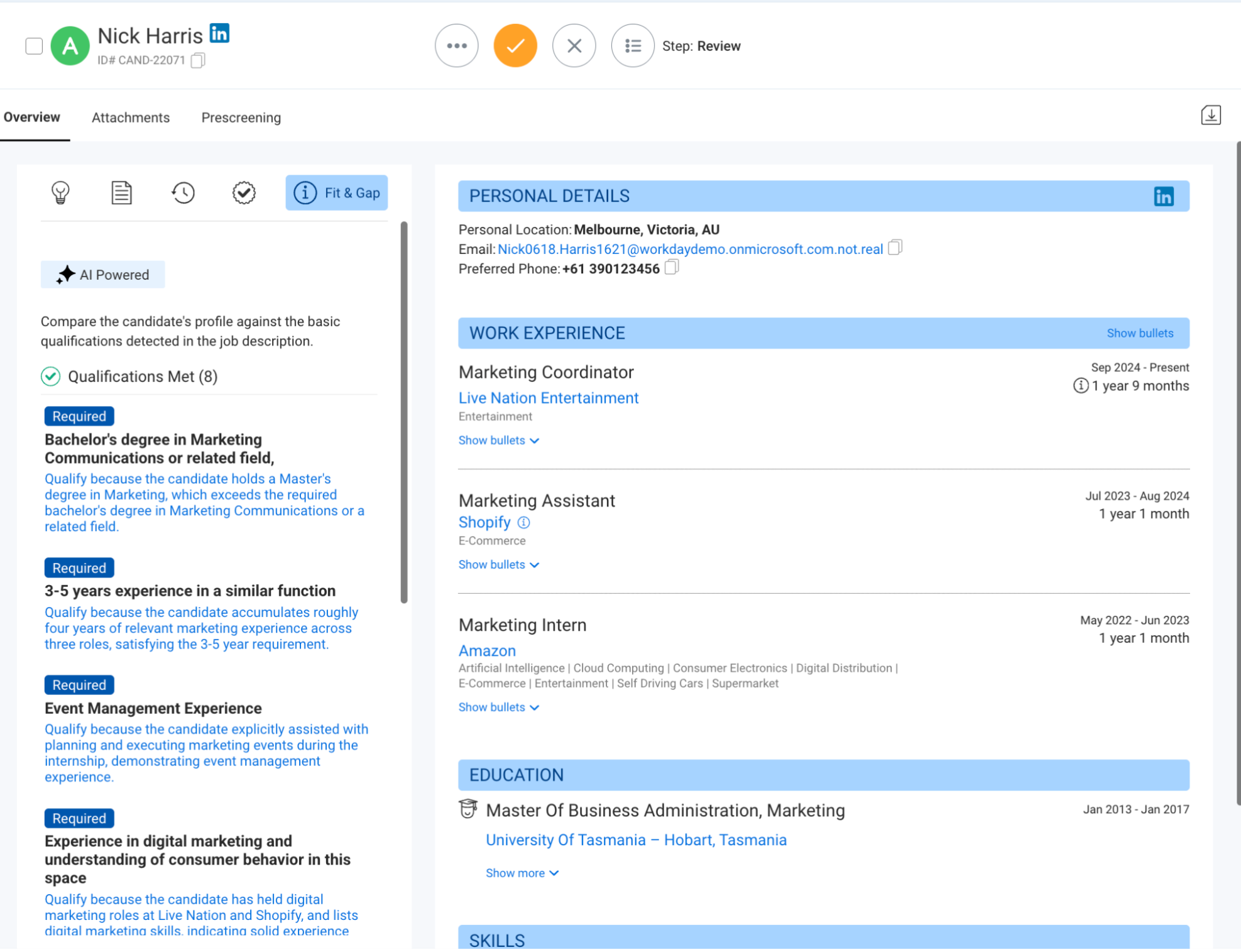 Workday HiredScore Spotlight Fit and Gap interface showing candidate Nick Harris with Grade A badge, Qualifications Met breakdown, and LLM natural language explanations